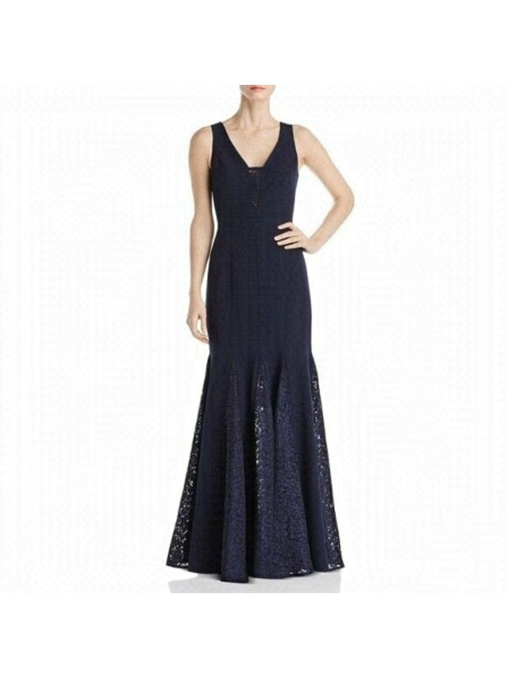 ELIZA J. BNWOT Womens V-Neck Lace Detail Sz 6 Full Length Formal Dress Navy Blue